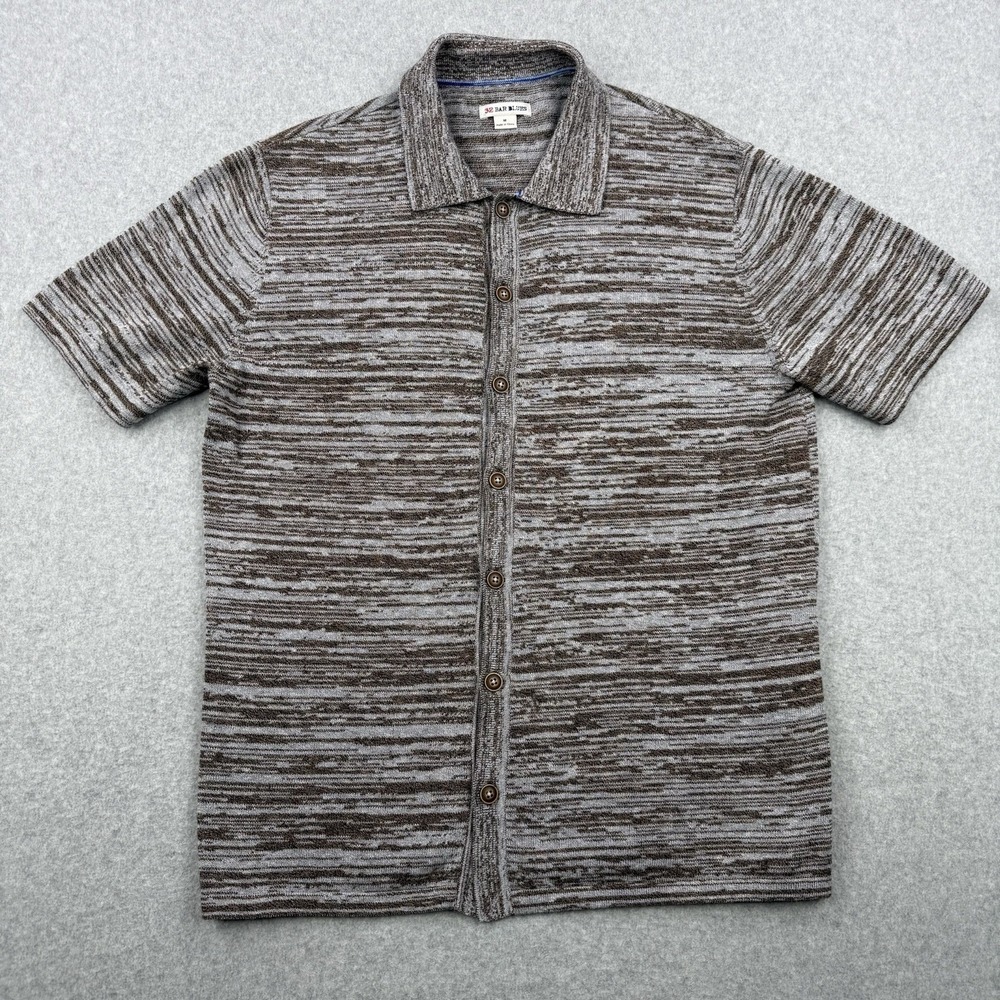 32 Bar Blues Shirt Mens Medium Gray Brown Knit Silk Blend Button Up Short Sleeve